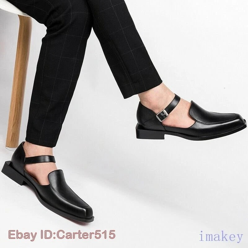 Men's Closed Toe Buckle Square Toe Breathable Leather Roman Sandals Casual Shoes