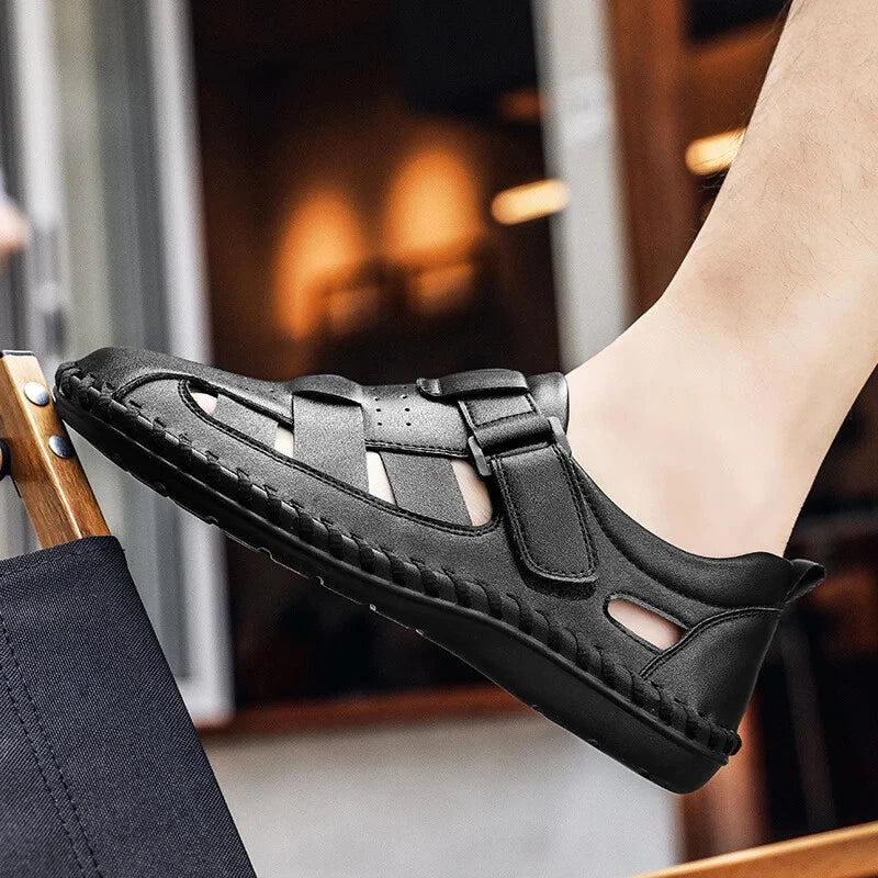 Men Leather Loafers Breathable Soft Sandals Handmade Non Slip Beach Slippers