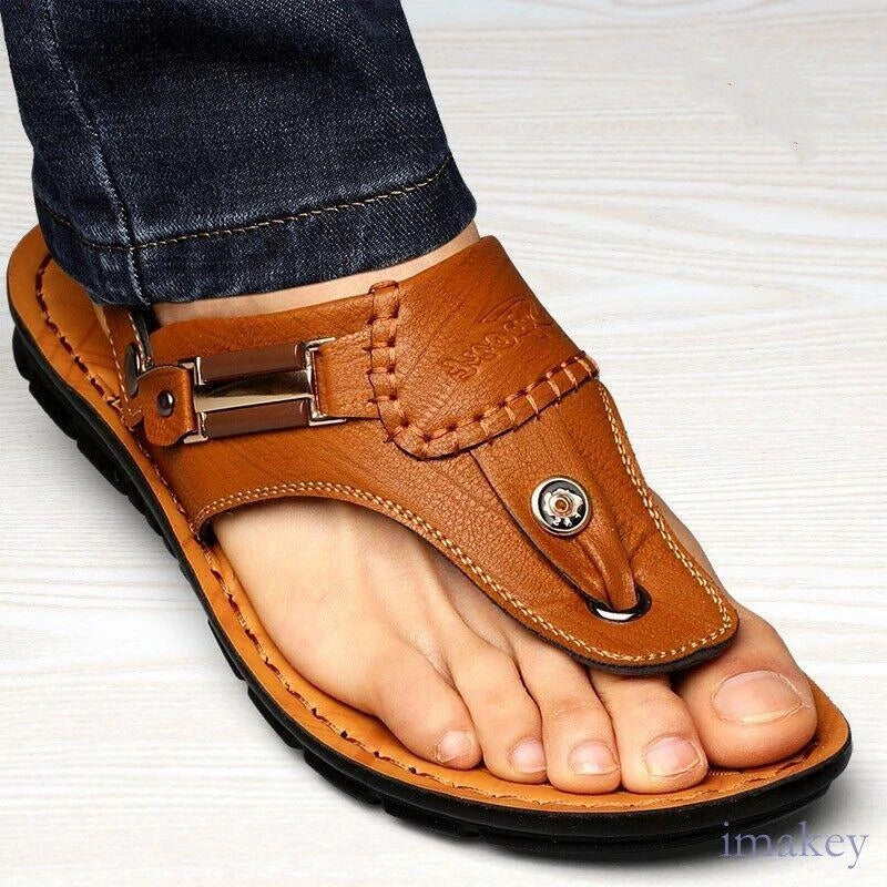 Men's Leather Clip Toe Thong Sandals Slipper Summer Beach Casual Shoes