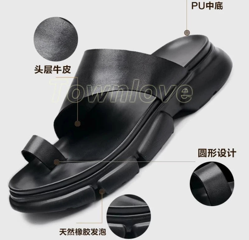Men's Leather Sandals Shoes Slippers Casual Flip Flops Platform Beach Fashion