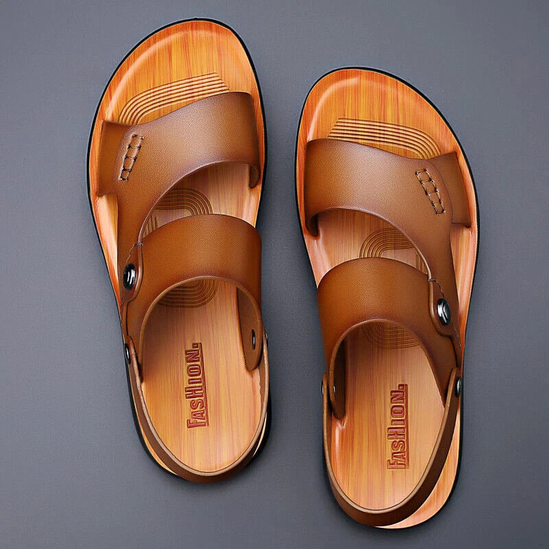 Men Shoes Leather Non-slip Beach Slip-On Sandals Travel Flip Flop Slippers Brown
