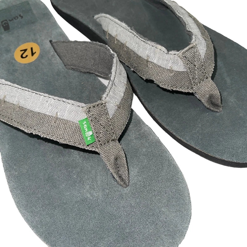 Sanuk Flip Flops Mens Gray Suede Leather Comfort Canvas Sandals Slippers Dr Fray