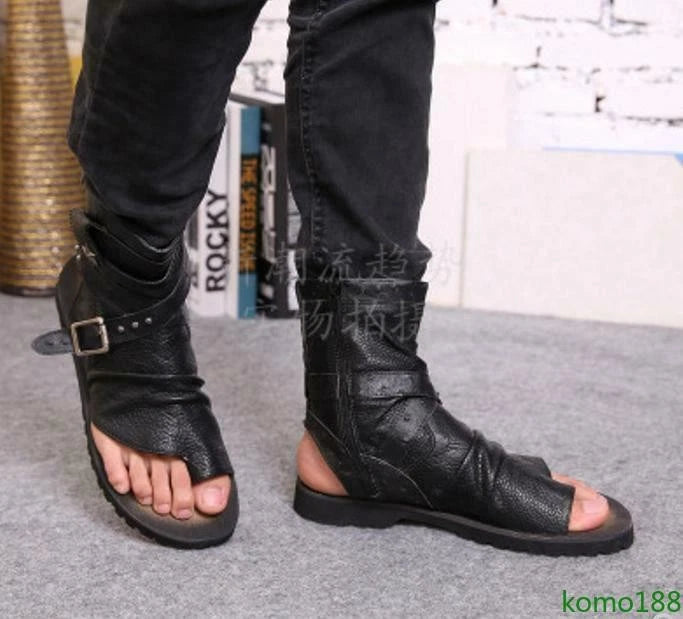 Men's Roman Sandals High Top leather  Flip Flop Gladiator Buckle Shoes Slingback