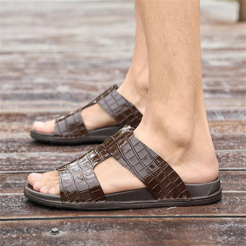 Men's Print Leather Flat Slides Sandals Outdoor Slip On Casual Flats Slippers