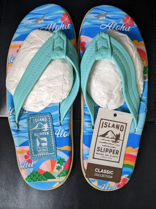 Island Slipper - Flip flops - Ieather - men's 8 - Aloha - while deck bottom