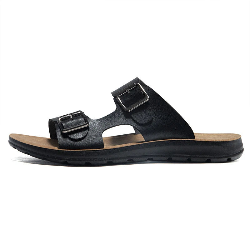 Mens Beach Summer Flats Heel Sandals Buckles Open Toe Slipper Leather Shoes 2025