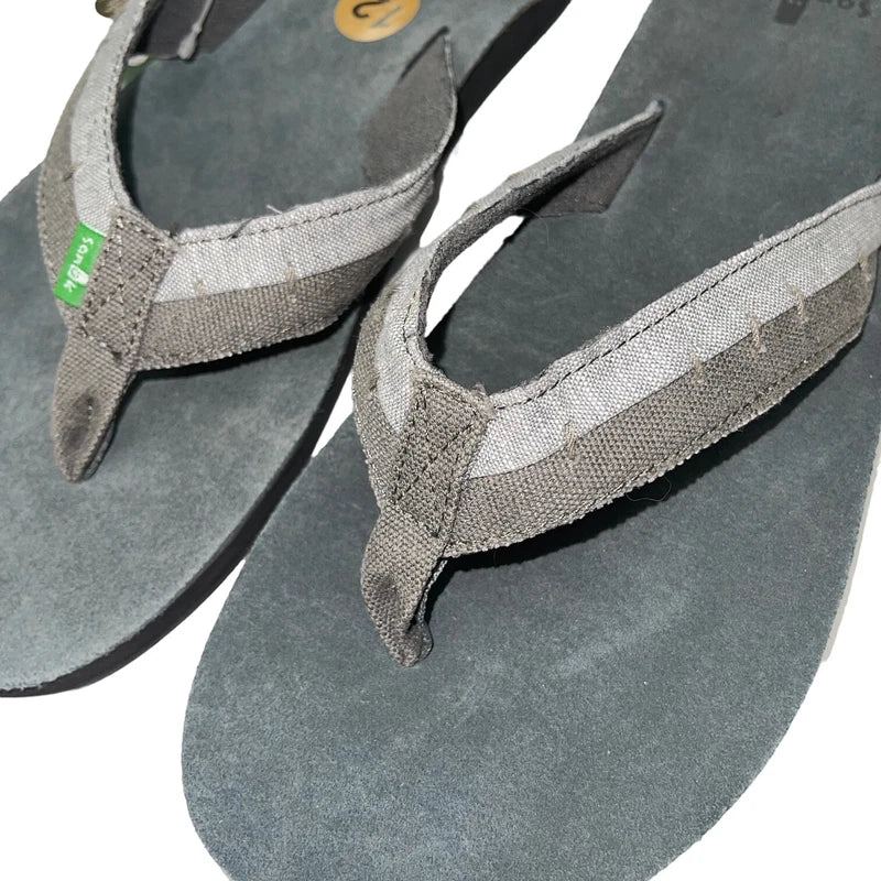 Sanuk Flip Flops Mens Gray Suede Leather Comfort Canvas Sandals Slippers Dr Fray