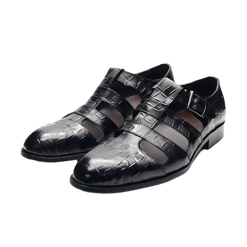 Mens Summer Embossed Leather Sandals Outdoor Casual Hollow Out Breathable Shoes