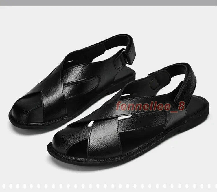 Summer Men's Hollow Out Sandals Leather Beach Shoes Non-slip Outdoor Slippers