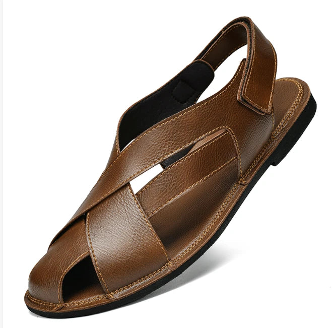 Summer Men's Hollow Out Sandals Leather Beach Shoes Non-slip Outdoor Slippers