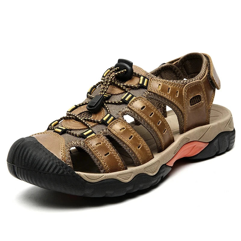 Men's Soft Leather Sandals Summer Lack Up Shoes Outdoor Comfort Beach Slippers