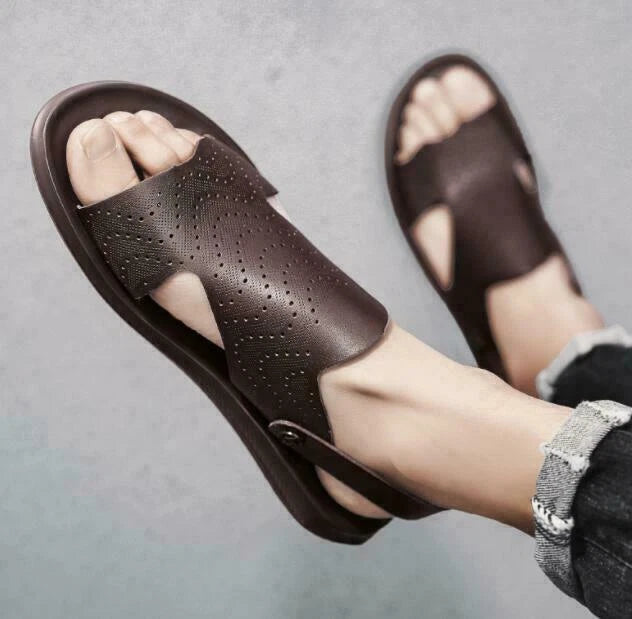 Men Summer Sandals Slippers Open Toe Slingbacks Cut Out Beach Leather Breathable