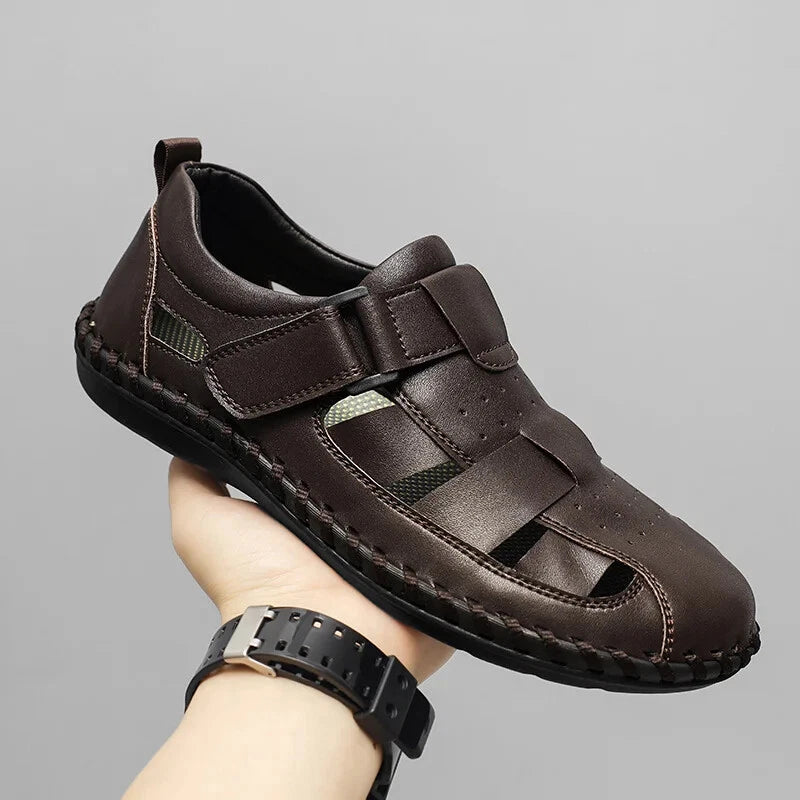 Men Leather Loafers Breathable Soft Sandals Handmade Non Slip Beach Slippers