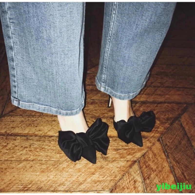 Fashion Womens Pointy Toe Big Bowknot Mules Slim High Heels Slippers Club Ladies