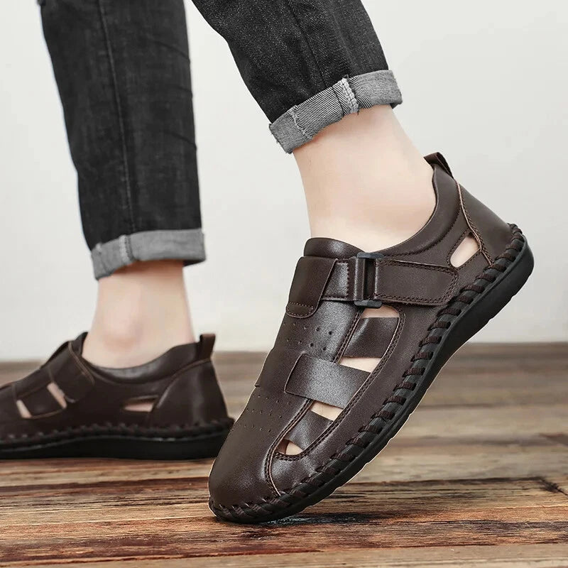 Men Leather Loafers Breathable Soft Sandals Handmade Non Slip Beach Slippers
