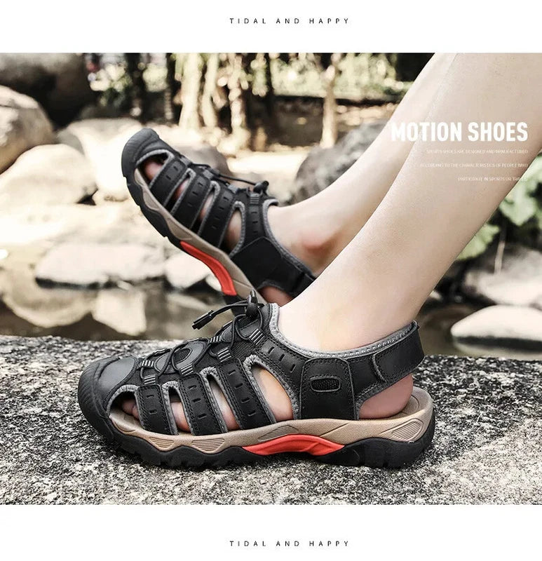 Men's Soft Leather Sandals Summer Lack Up Shoes Outdoor Comfort Beach Slippers