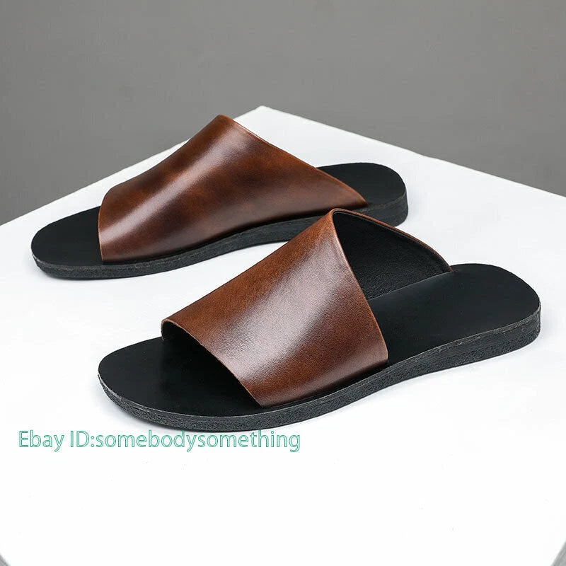 Men's Flat Leather Open Toe Breathable Outdoor Beach Slippers Sandals Shoes