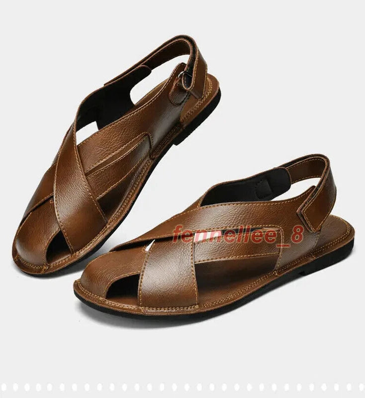 Summer Men's Hollow Out Sandals Leather Beach Shoes Non-slip Outdoor Slippers