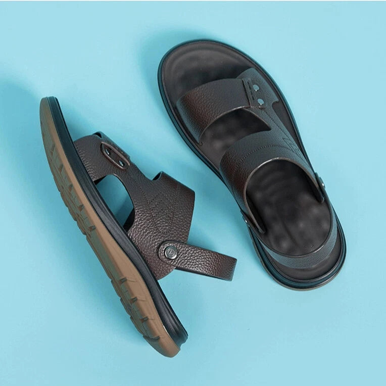 Open Toe Summer Slipper Sandals Beach Real Leather Mens Shoes Roman Style Casual