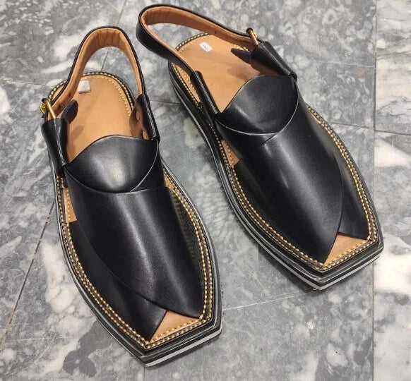 Handmade New Men's Premium Quality Black Peshawari Chappal Pure Leather Sandals