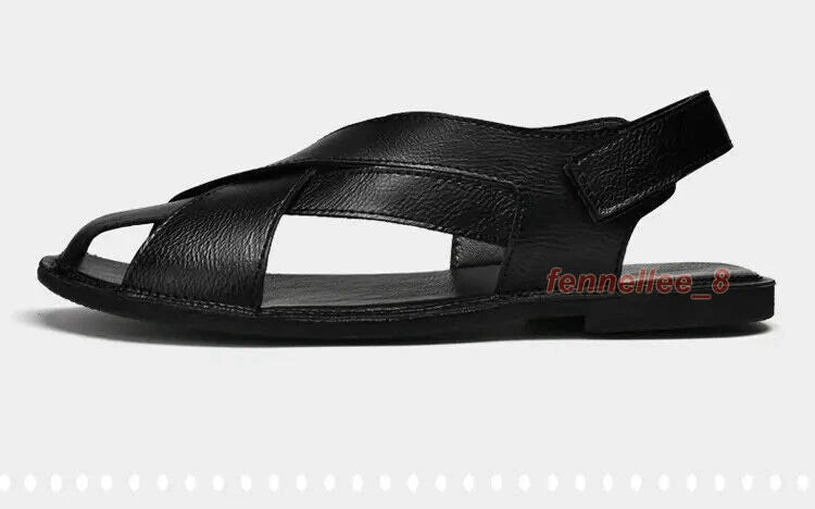 Summer Men's Hollow Out Sandals Leather Beach Shoes Non-slip Outdoor Slippers