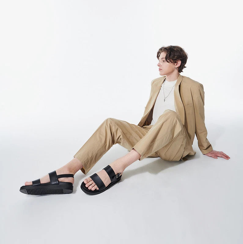 Firenze Atelier Mens Black Leather Open Toe Roman Sandals Fashion Beach Slippers
