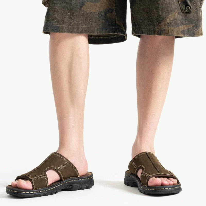 Men's Leather Slip-On Outdoor Beach Slide Sandals Slippers, Comfortable Fit