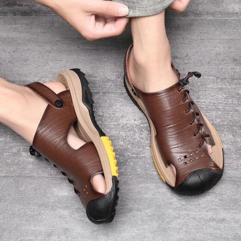 Summer Men's Flat Faux Leather Closed Toe Sandals Beach Outdoor Casual Slippers