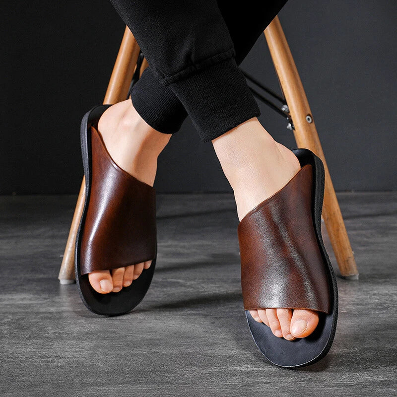 Men's Flat Faux Leather Open-toe Outdoor Beach Casual Slip on Slippers