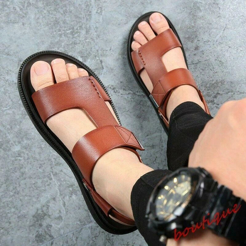 Men Open Toe Faux Leather Beach Sandals Non-slip Casual Outdoor Slipper Shoes SZ