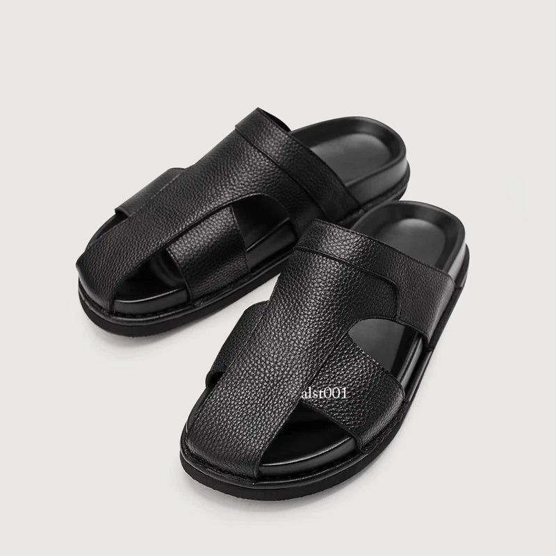Mens Cowhide Slippers Outdoor Breathable Sandals Anti Slip Beach Casual Slippers