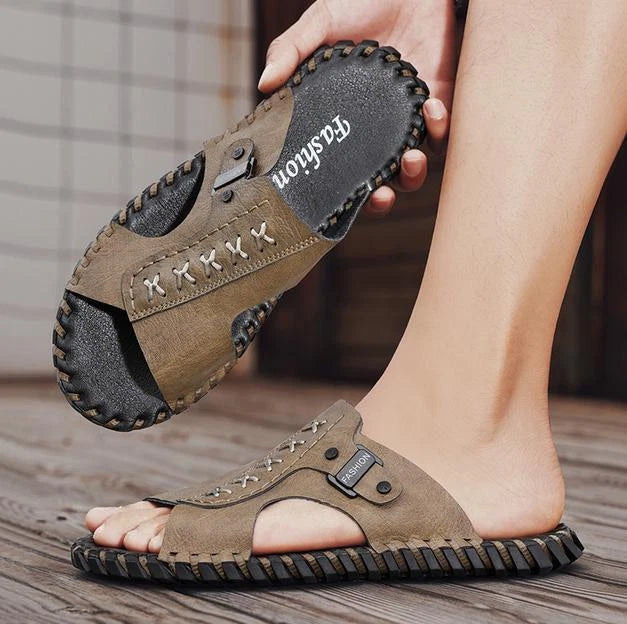 Chic Mens Open Toe Faux Leather Slippers Sandal Casual Beach Outdoor Flat Summer