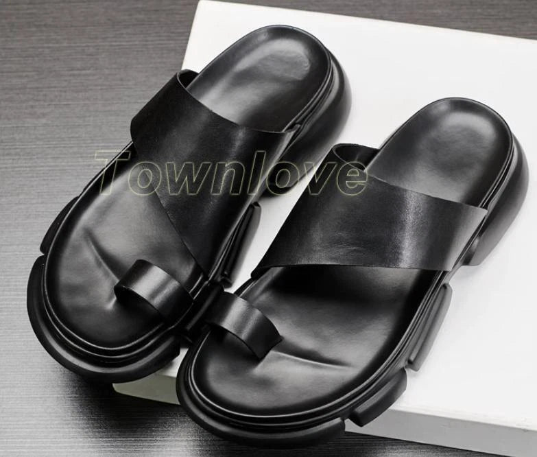Men's Leather Sandals Shoes Slippers Casual Flip Flops Platform Beach Fashion