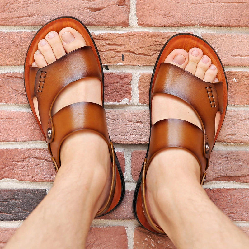 Men Shoes Leather Non-slip Beach Slip-On Sandals Travel Flip Flop Slippers Brown