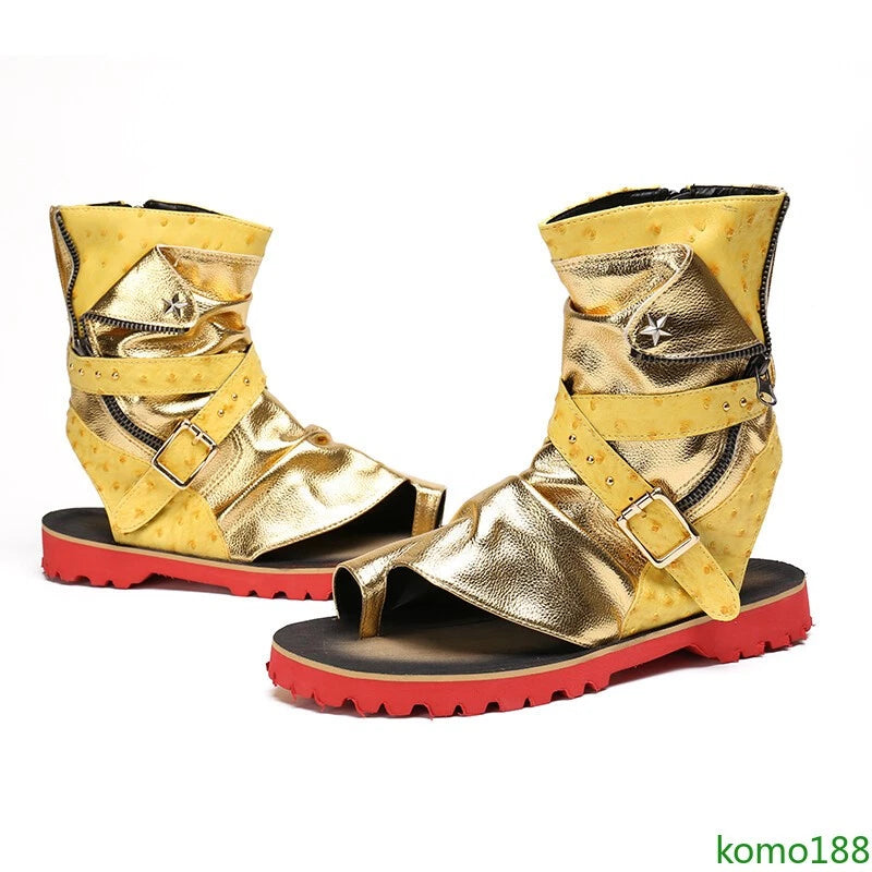Men's Roman Sandals High Top leather  Flip Flop Gladiator Buckle Shoes Slingback