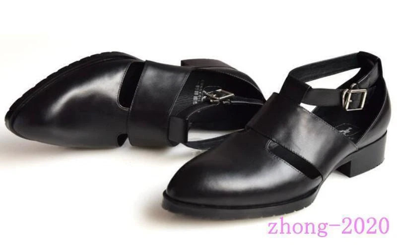 2025 Men's Pointed Toe Leather Sandals Summer Hollow Out Work Casual Dress Shoes