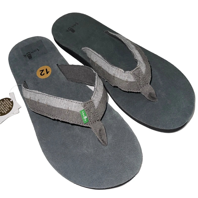 Sanuk Flip Flops Mens Gray Suede Leather Comfort Canvas Sandals Slippers Dr Fray