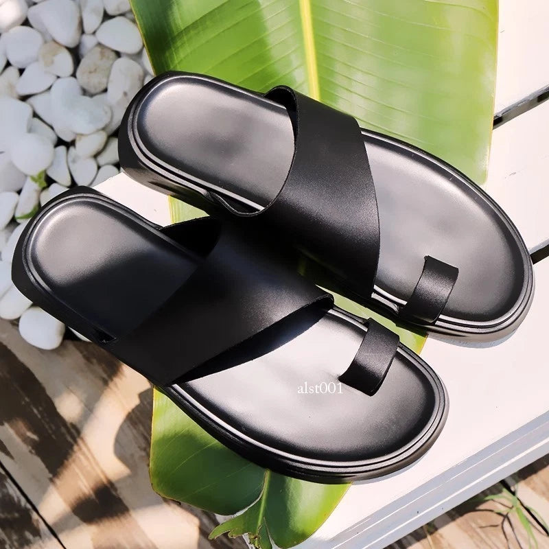 Mens Summer Leather Flip Flops Clipped Toe Korean Non Slip Beach Casual Slippers
