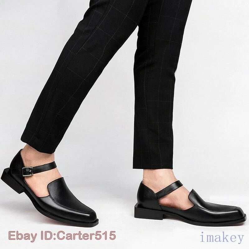 Men's Closed Toe Buckle Square Toe Breathable Leather Roman Sandals Casual Shoes