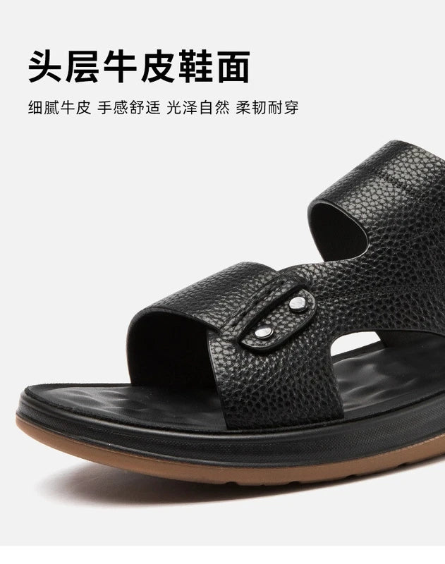 Open Toe Summer Slipper Sandals Beach Real Leather Mens Shoes Roman Style Casual