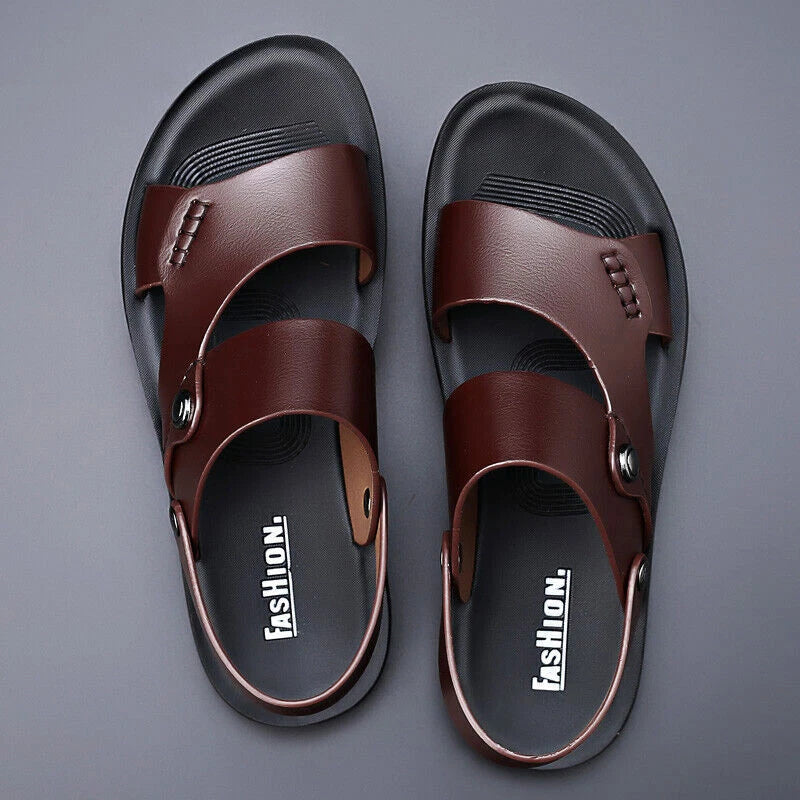 Men Shoes Leather Non-slip Beach Slip-On Sandals Travel Flip Flop Slippers Brown