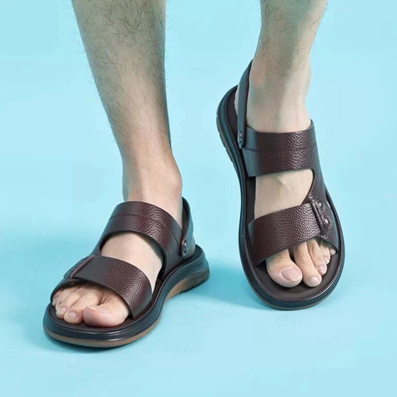 Open Toe Summer Slipper Sandals Beach Real Leather Mens Shoes Roman Style Casual