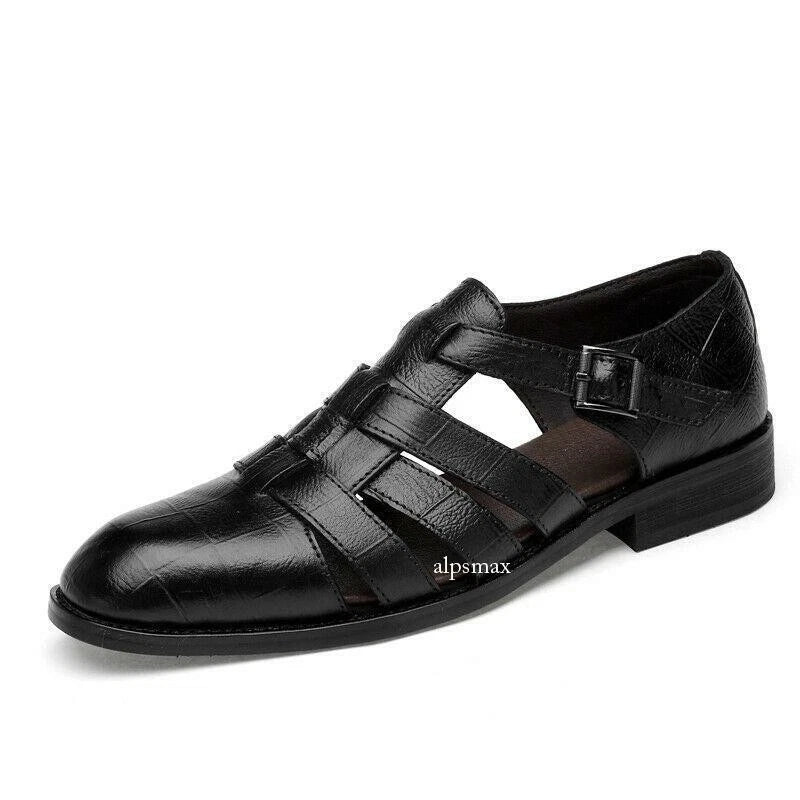 Mens Dress Formal Sandals Shoes Hollow Cut Out Buckle Leather Flats Roman Shoes