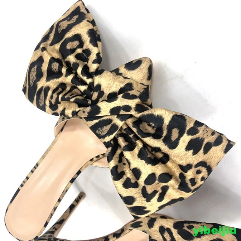 Fashion Womens Pointy Toe Big Bowknot Mules Slim High Heels Slippers Club Ladies
