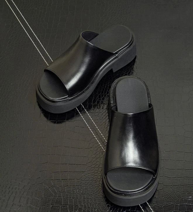 Real Leather Platform Slippers Men's Open Toe Casual Slip On Block Heel Sandals