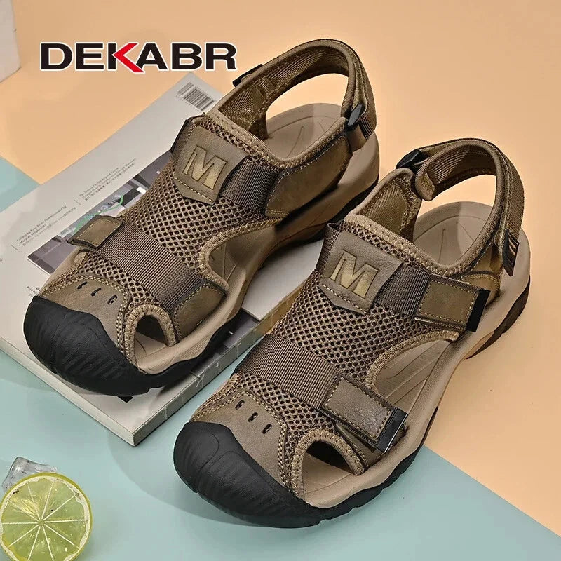 Fashion Casual Men Shoes Genuine Leather Mesh Beach Sandals Breathable Slippers