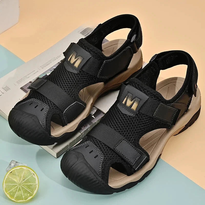 Fashion Casual Men Shoes Genuine Leather Mesh Beach Sandals Breathable Slippers