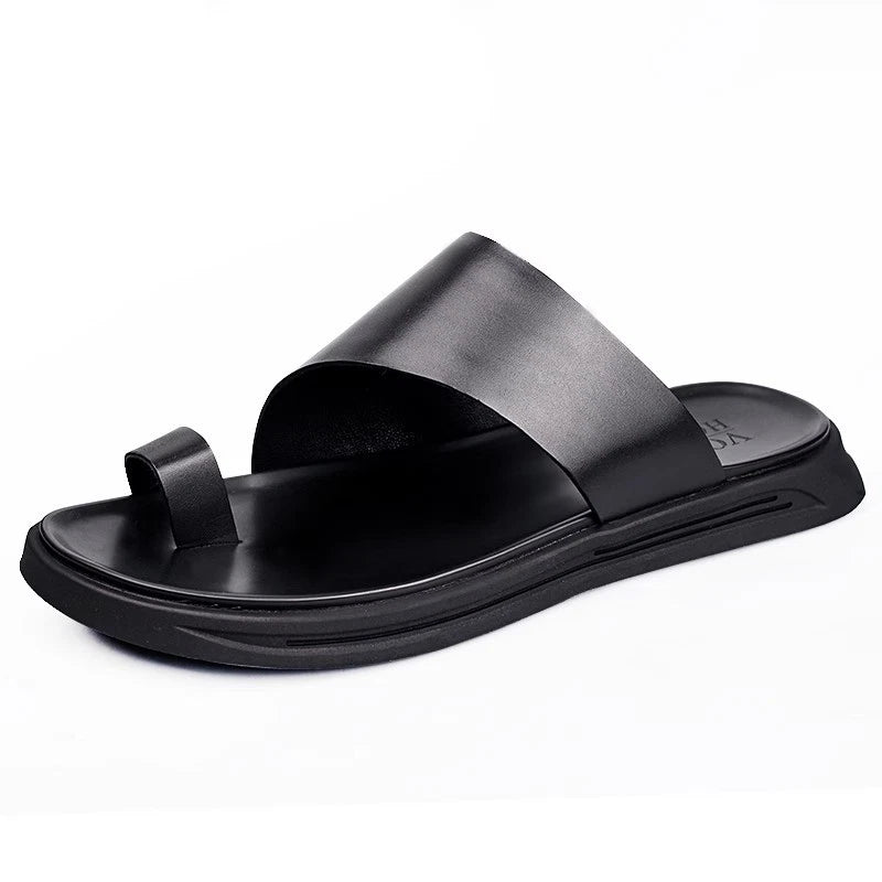 Mens Summer Leather Flip Flops Clipped Toe Korean Non Slip Beach Casual Slippers