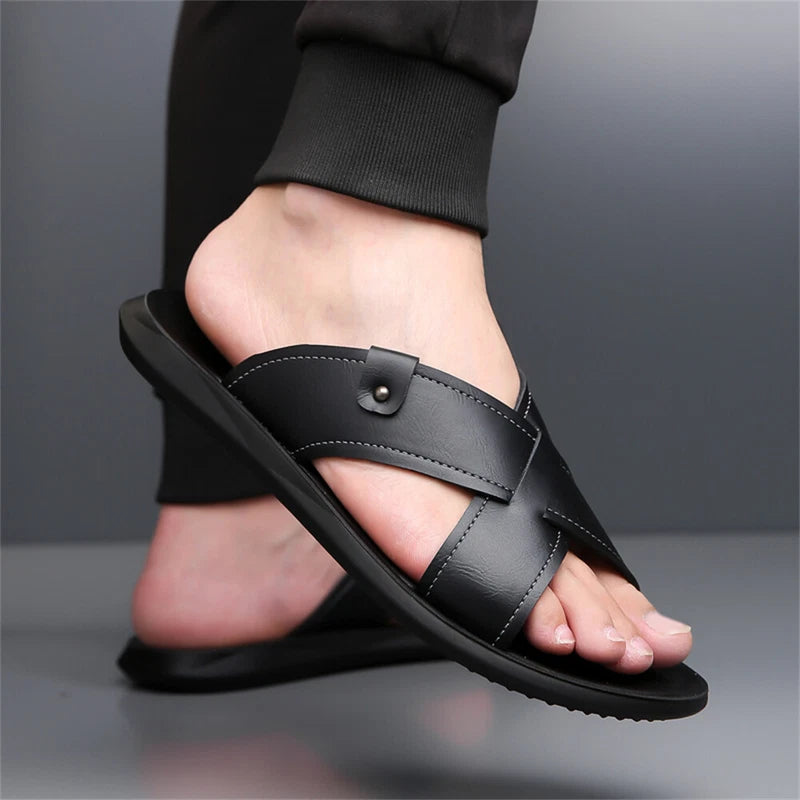 Men's Leather Slide Sandal Outdoor Sports Casual Slippers Beach Sandals for Men