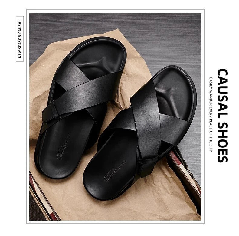 Men Cowhide Casual Slipper Summer Outdoor Breathable Genuine Leather Beach Shoes